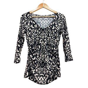 New York & Company Stretch Top S Black & Beige Long Sleeve Polyester/Spandex